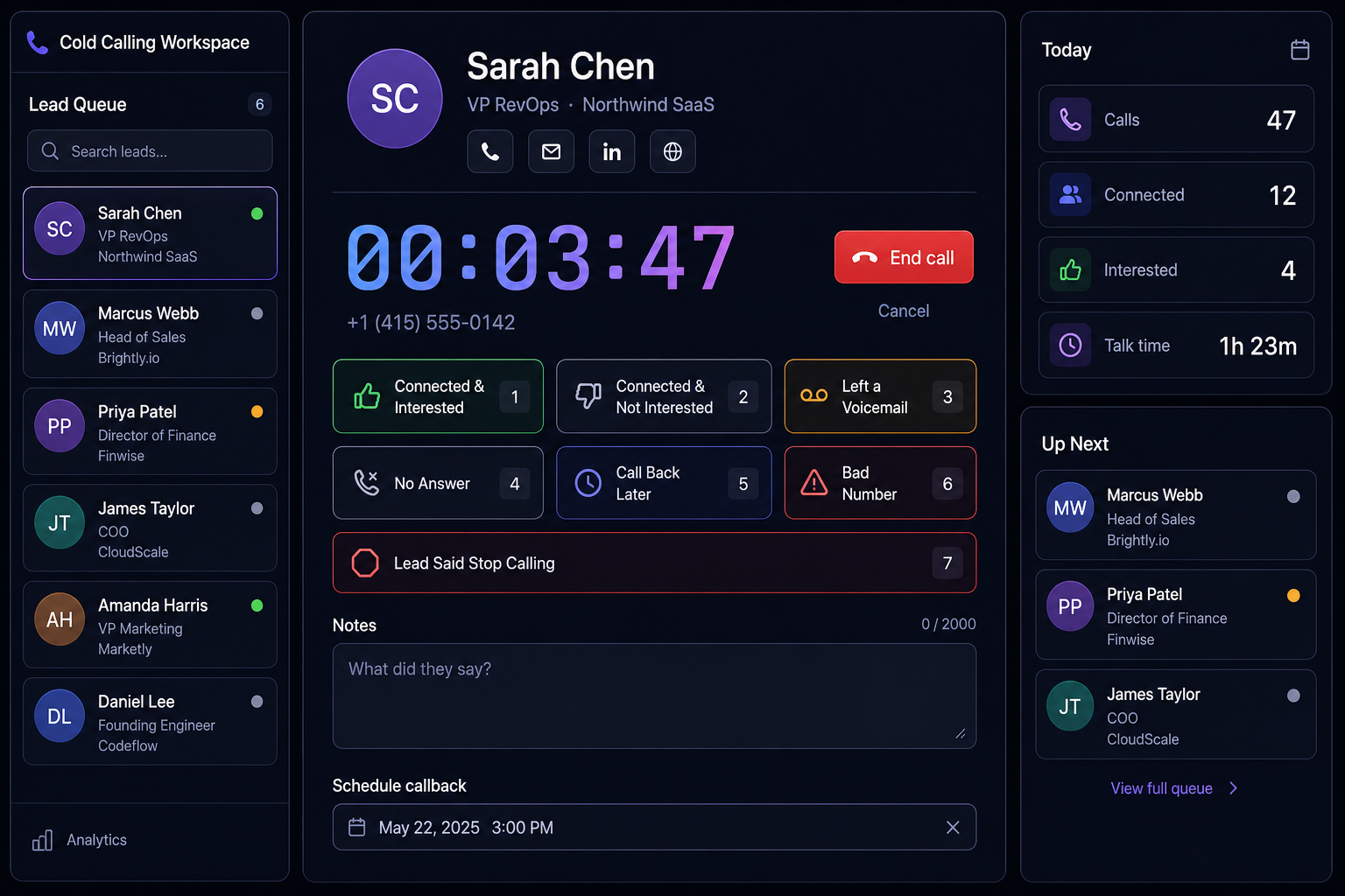 myGTM Cold Calling Workspace — lead queue, live call timer, and 7 outcome dispositions.